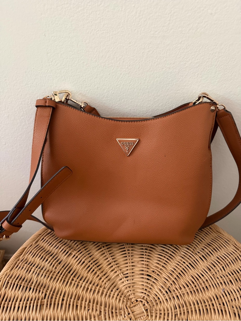 GUESS⁠￼ Cognac Brown Pebbled Faux Leather Crossbody Shoulder Bag